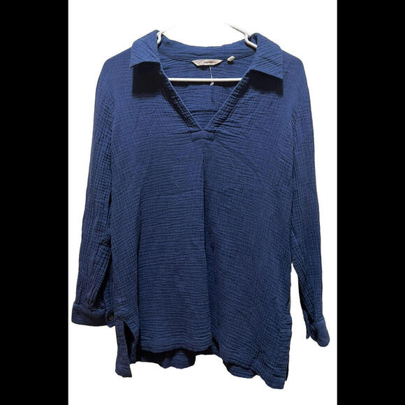 Soft Surroundings Top Womens PM Blue Pullover Tunic Gauze Collared‎ Cotton - Picture 1 of 2